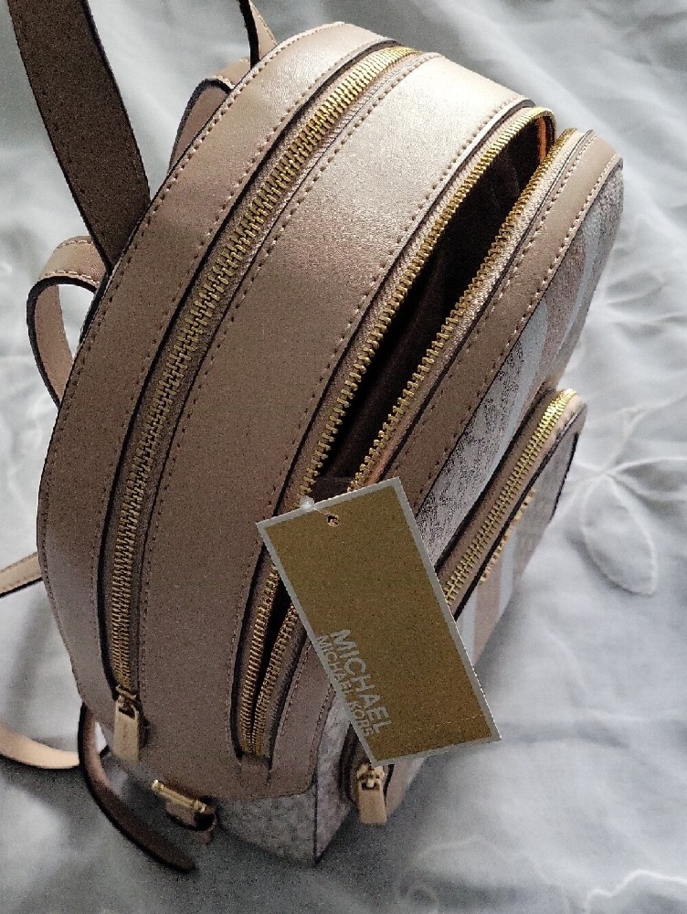 Michael Kors Jaycee Beige & White Signature Stripe Mini Backpack - Picture 3 of 3